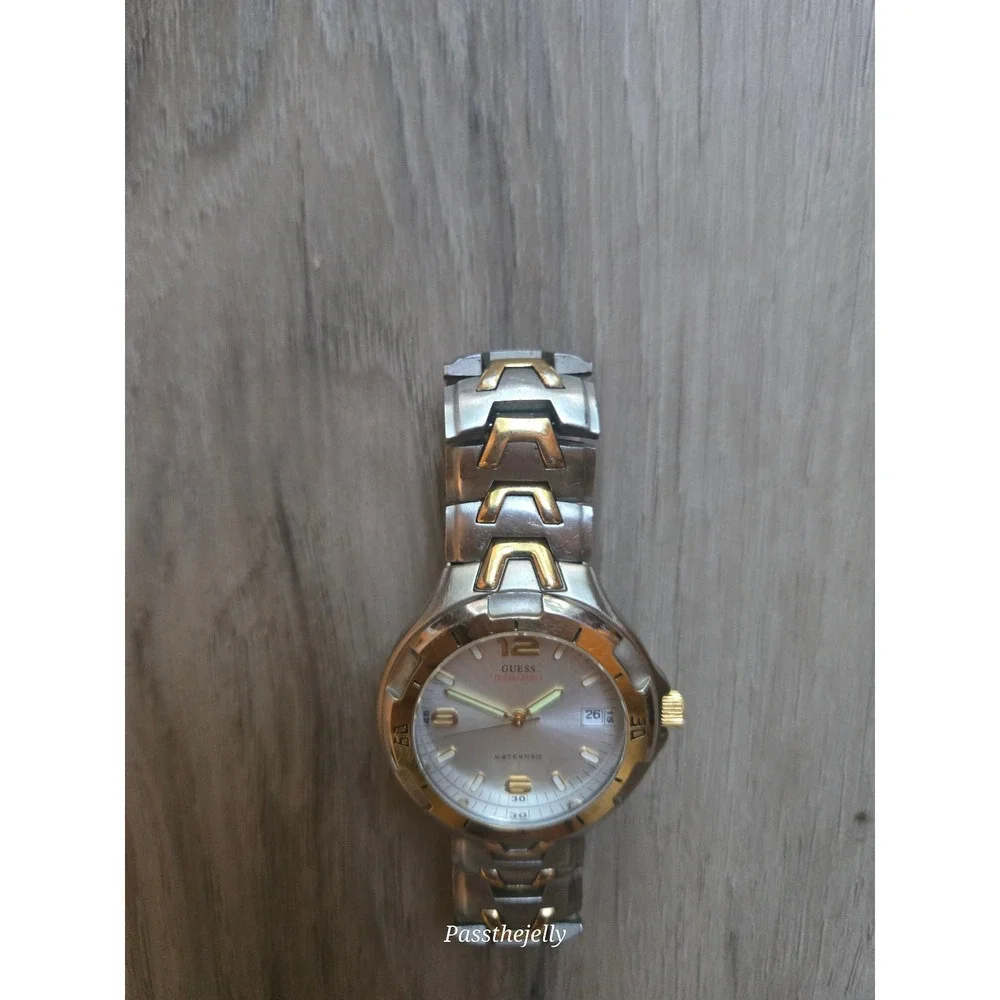 VTG GUESS Watch Mens Waterpro G65025G Two Tone Gold Date Quartz 100M Sport Y2K